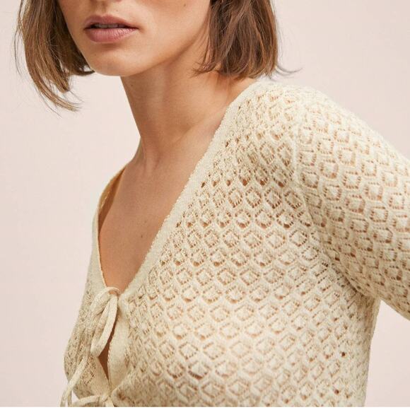 MANGO MNG Lurex Knitted Cardigan Sweater Women Plus 3XL Cream Gold Tie front - Picture 3 of 14